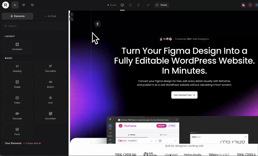 Fine-tuning the converted website visually inside ReFrame